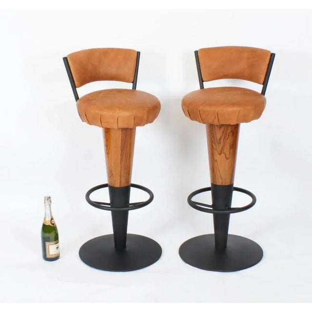 Antique Art Deco Walnut and Tan Leather Bar Stools, 20th Century, Set of 2 For Sale - Image 18 of 18
