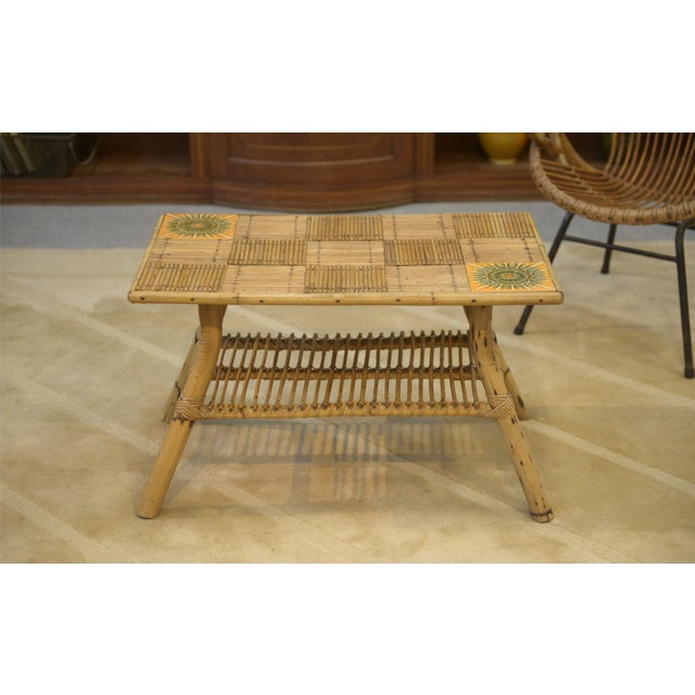 1950s Coffee Table in Rattan and Ceramic attributed to Audoux Minet, 1950s For Sale - Image 5 of 9