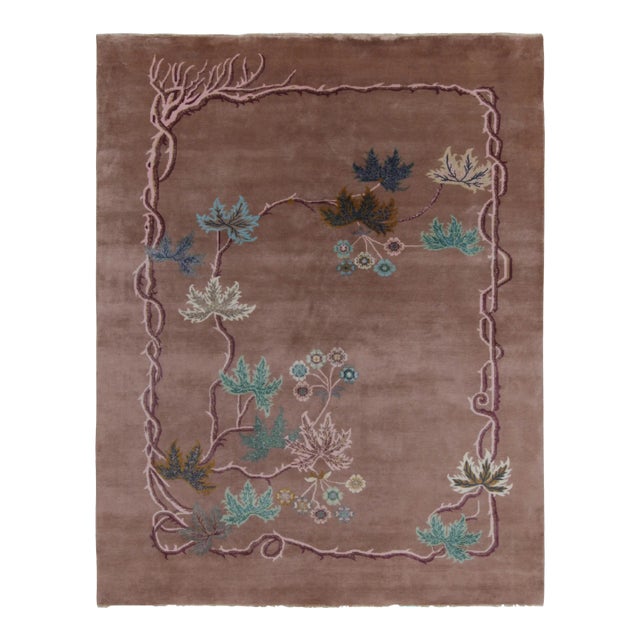 Rug & Kilim Chinese Style Square Art Deco Rug in Brown, Bordeaux & Blue Florals - 10'x10' For Sale