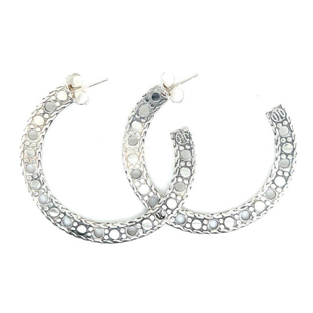 1990s 1990s Pair of John Hardy Estate Dot Flat Hoop Earrings 1.95" Sterling Silver For Sale - Image 5 of 7
