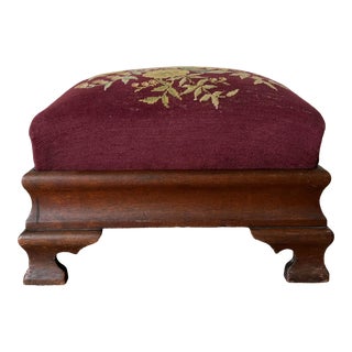 Empire Antique Carved Flame Mahogany Needlepoint Footstool For Sale