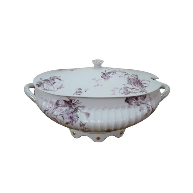Antique Haviland Limoges France Schleiger 1152-5 Old Pansy purple floral footed soup serving / torse tureen. Dimensions:...