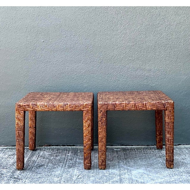 Vintage Woven Rattan Side Tables - A Pair For Sale - Image 4 of 12