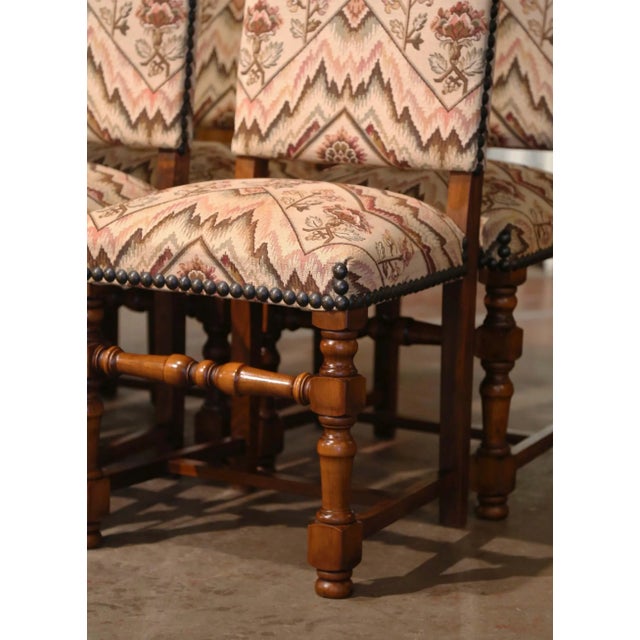 Set of Six Mid-Century French Louis XIII Walnut Dining Chairs With Tapestry Seat For Sale - Image 4 of 10