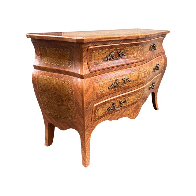 Wood Late 20th Century French Louis Xv Style Marquetry Bombe Chest Dresser For Sale - Image 7 of 17