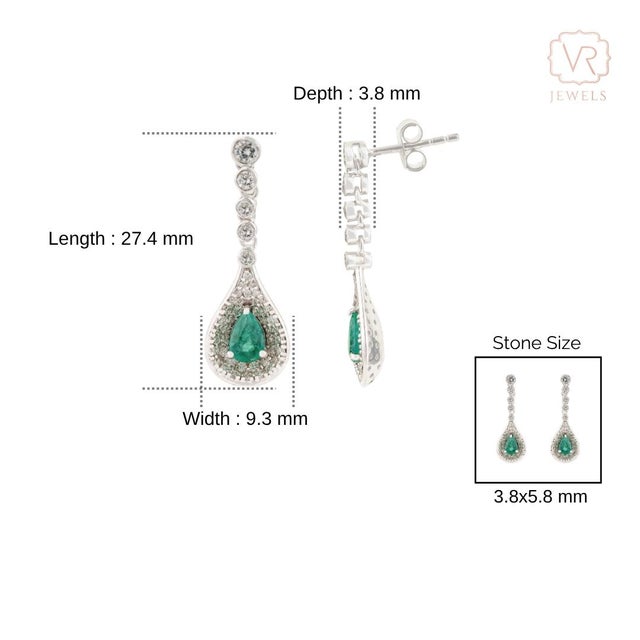 Green Luxury Pear Cut Zambian Emerald & Diamond Halo Drop Earrings in 14k White Gold- A Pair For Sale - Image 8 of 11