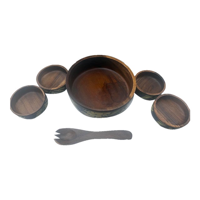 Vintage Handcrafted Wooden Black Lacquer & Bamboo Salad Serving Set - 6 pcs For Sale