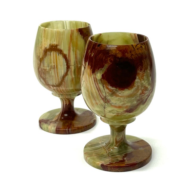 Striking Green & Brown Natural Stone Goblets - A Pair For Sale - Image 4 of 7