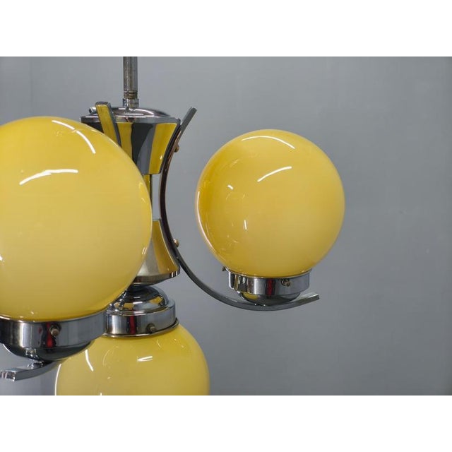 Art Deco Chrome and Opaline Glass Chandelier, Czechoslovakia, 1930s For Sale - Image 11 of 14