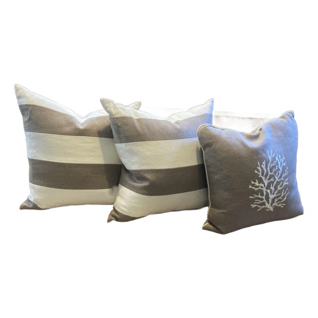 Ryan Studio Linen Taupe Striped and Coral Pillow- Set of 3 For Sale