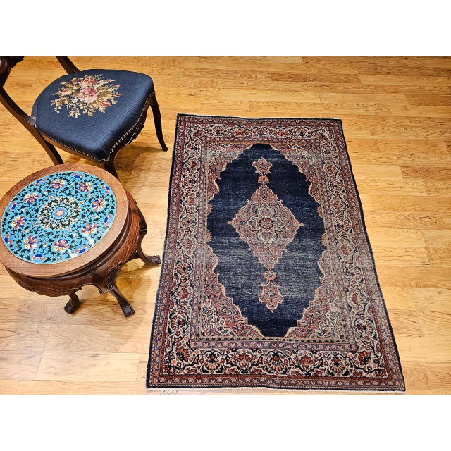 Vintage Persian Kashan Rug, Hand-Knotted Wool, Open Field Pattern, Navy & Ivory, 3x5 For Sale In Chicago - Image 6 of 16