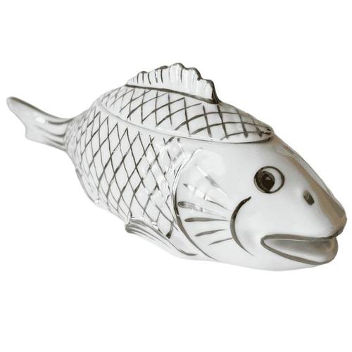 Metal Antique Coiffe Fish Box in White Porcelain with Silver French Terrine from Limoges, 1890s For Sale - Image 7 of 8