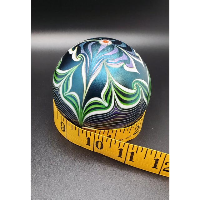 Orient & Flume Signed Flower Shield Art Glass Paperweight 1979 Iridescent Blue For Sale - Image 13 of 18