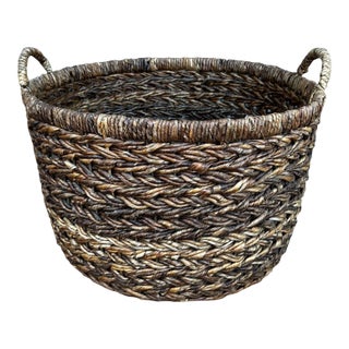 Woven Raffia Storage Basket W/Handles For Sale