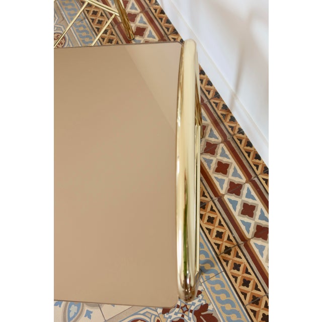 Metal Vintage Gold-Tone Metal and Smoked Mirrored Glass Bedside Tables, 1970s, Set of 2 For Sale - Image 7 of 10