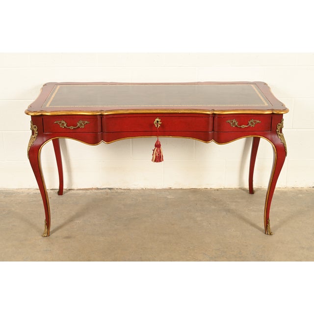 John Widdicomb French Louis XV Red Lacquered Leather Top Bureau Plat Desk With Mounted Bronze Ormolu For Sale - Image 13 of 13
