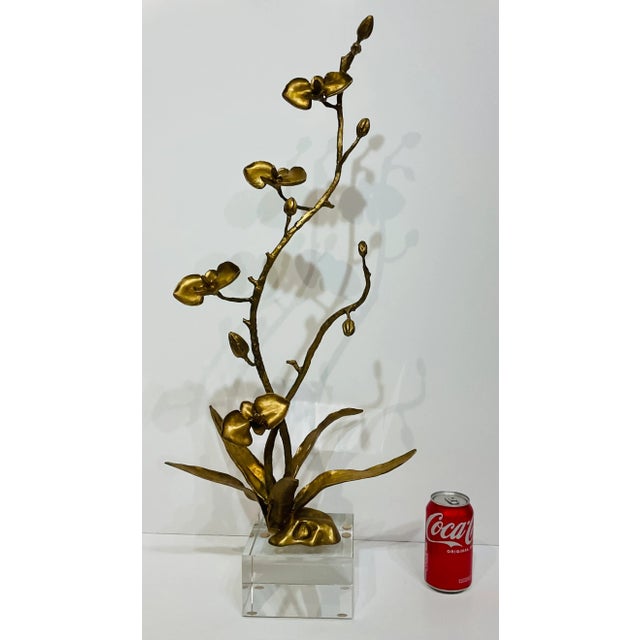 Original retail $2475, stylish John Richard Organic Modern Antique Brass Orchid Sculpture, glass base, showroom floor sample