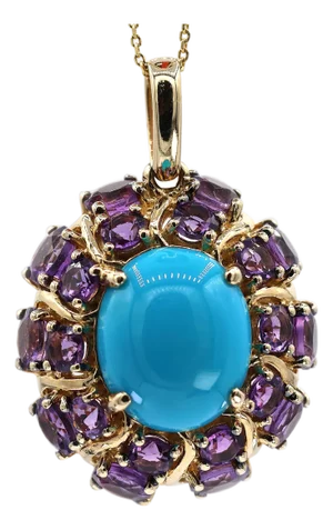 14k Yellow Gold Carlo Viani Turquoise and Amethyst Pendant Necklace With Chain