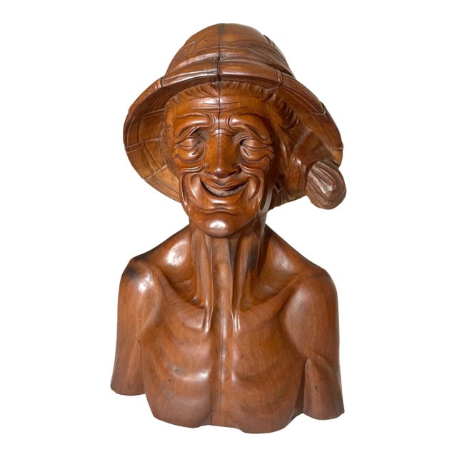 Antique 1800's Hand Carved Wooden Japanese Elder Old Man Bust Sculpture Statue For Sale