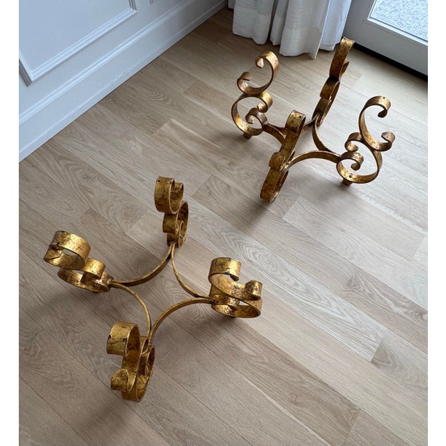 Spanish Revival Pair of Sculptural Wrought Iron Side Table or Ottoman Bases With Gilt Finish Circa 1960s For Sale - Image 3 of 10