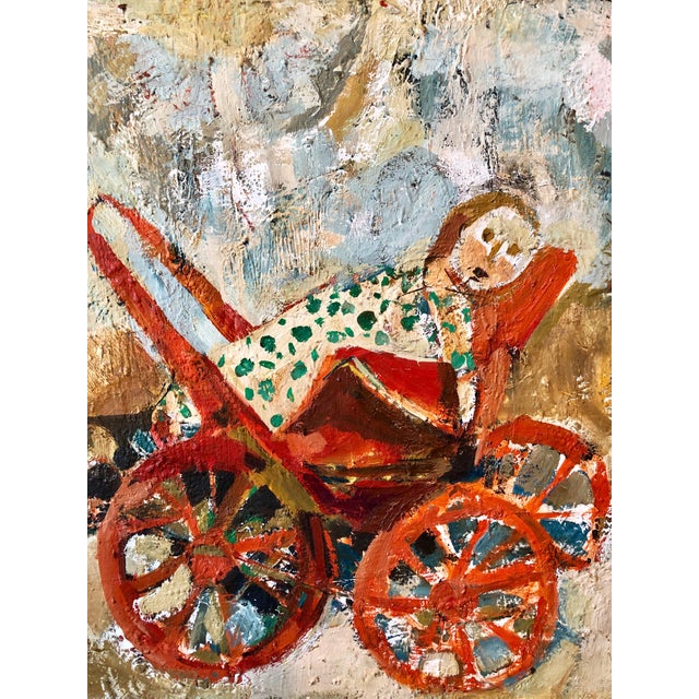Mid 20th Century Ruth Schloss, Israeli Oil Painting Ruth Schloss Child, Doll, Wagon, Kibbutz Social Realist Art, c.1950s For Sale - Image 5 of 8