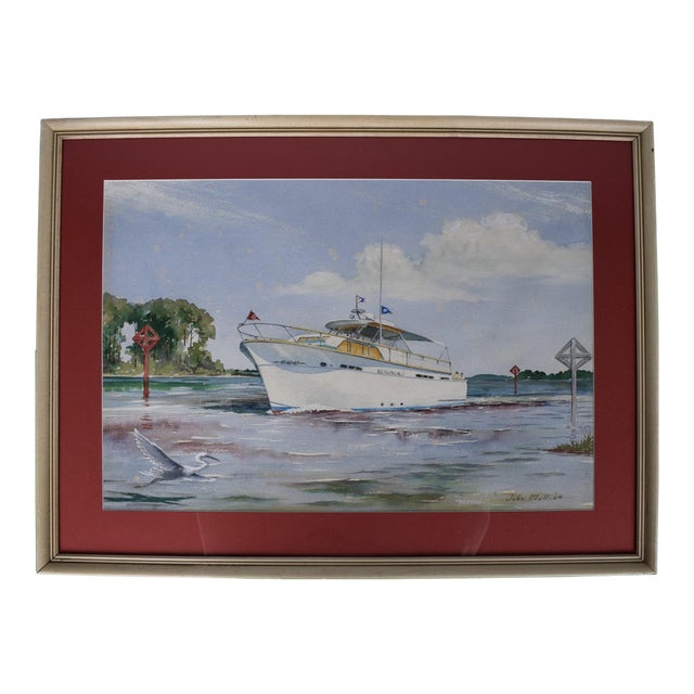 Motorboat Cruising Off the Eastern Shore of Maryland 1964 Watercolor by John Moll For Sale