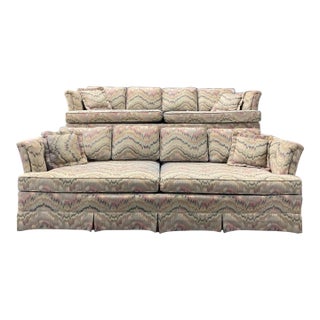1970’s Lilac Flamestitch Fabric Tuxedo Sofas, Pair For Sale