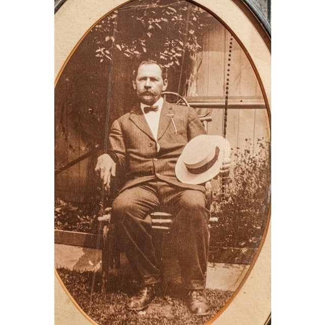 American Stately Large Antique Sterling Silver Oval Picture Frame With Period Photo Photograph Man in Suit Bow Tie Fashion Home Decor For Sale - Image 3 of 9