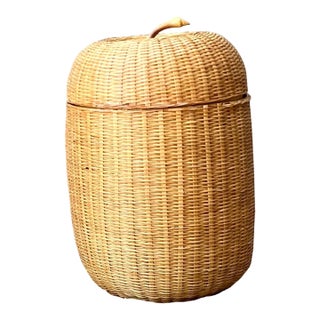 Vintage Woven Rattan Lidded Basket For Sale