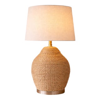 Mid 20th Century Coastal Rope Wrapped Table Lamp With Linen Shade – Organic Modern Texture For Sale