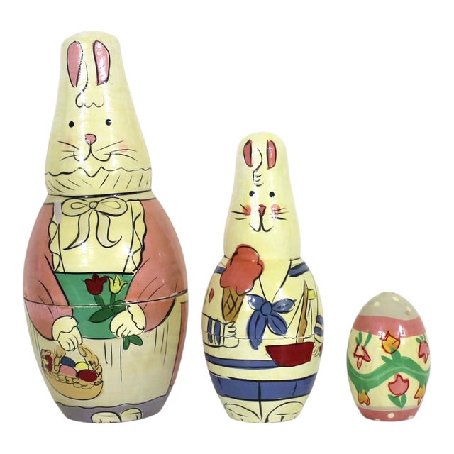 Vintage Easter Bunny Rabbit and Egg Stacking Dolls Hand Painted Wood For Sale