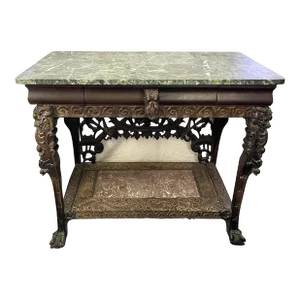 Early 1900's Wolverine Manufacturing Balinese Style Carved and Pierced Wood Console Table With Drawer and Marble Surfaces