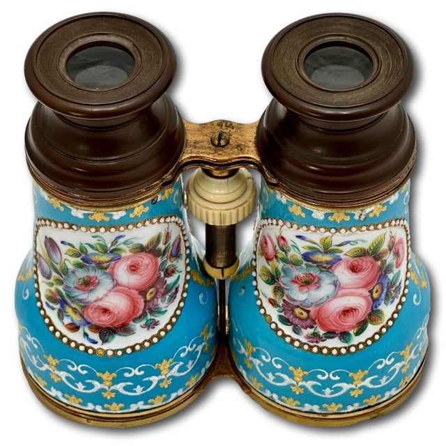 Outstanding & Very Rare Antique Fancy Ladies French Enamel, Brass & Gutta Percha Binoculars - Circa Mid 19th Century For Sale - Image 10 of 18
