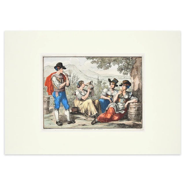 Grape Harvesters at Rest is original Hand-colored etching artwork realized by Bartolomeo Pinelli in 1819. Signed by the...