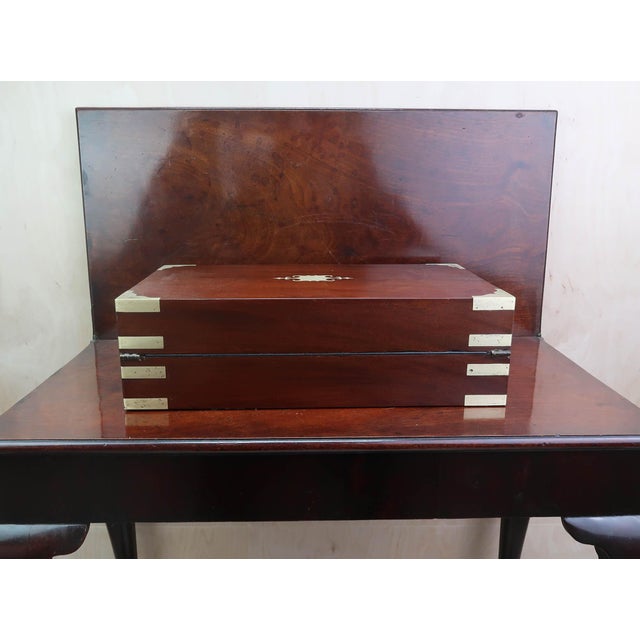 Maroon Large Antique English Campaign Brass-Mounted Writing Box, 1840s For Sale - Image 8 of 12