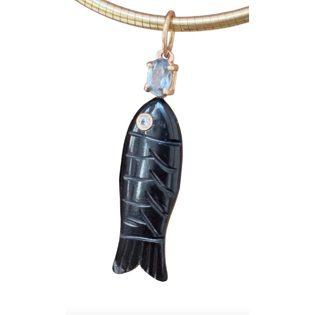 Perfect Poisson Pendant Black Onyx, Diamond, Spinel & 14k Gold Carved black onyx fish with 2mm round diamond eye bezeled...