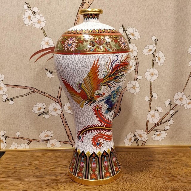 Vintage Chinese Cloisonné Meiping Vase | White Ground Phoenix & Peony Motif With Stand For Sale - Image 4 of 10