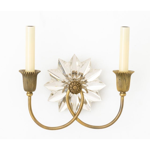 Pair of Hollywood Regency Style Crystal and Brass Wall Sconces, J. Randell Powers for Visual Comfort, each with starburst...