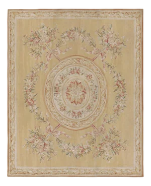 Rug & Kilim’s Aubusson Style Rug in Light Gold and Cream With Floral Medallion