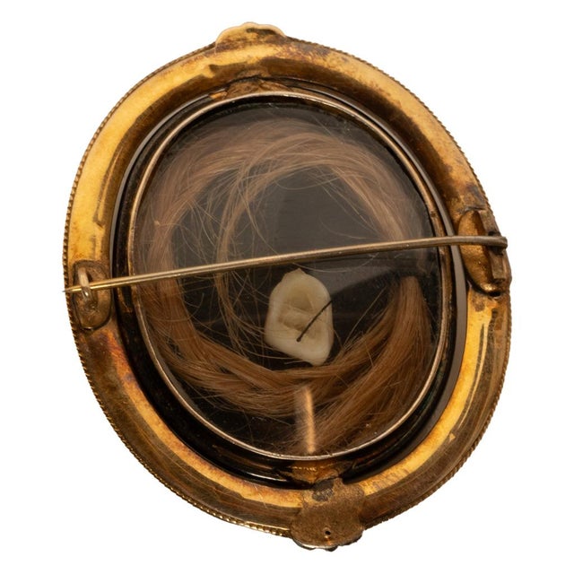 Metal Antique 10k Gold Victorian Swivel Mourning Cameo Brooch Locket Tooth & Hair 1860 For Sale - Image 7 of 12