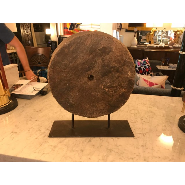 Metal 17.25" Mill Stone Mounted on a Metal Stand, Vintage For Sale - Image 7 of 7