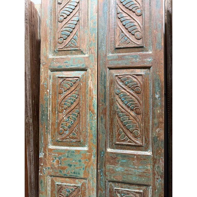 Mid-Century Modern Vintage Hand-Carved Wood Double Doors – Rustic Blue Gray Farmhouse Barn Doors 80x32 For Sale - Image 3 of 4