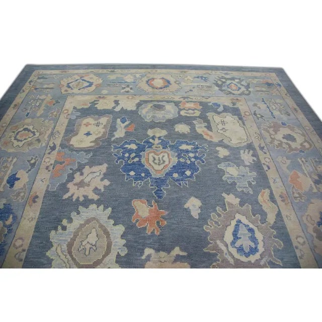 Early 21st Century Turkish Oushak Rug Blue & Cream Floral Handwoven Wool Rug 9'5" X 12'6" For Sale - Image 5 of 5