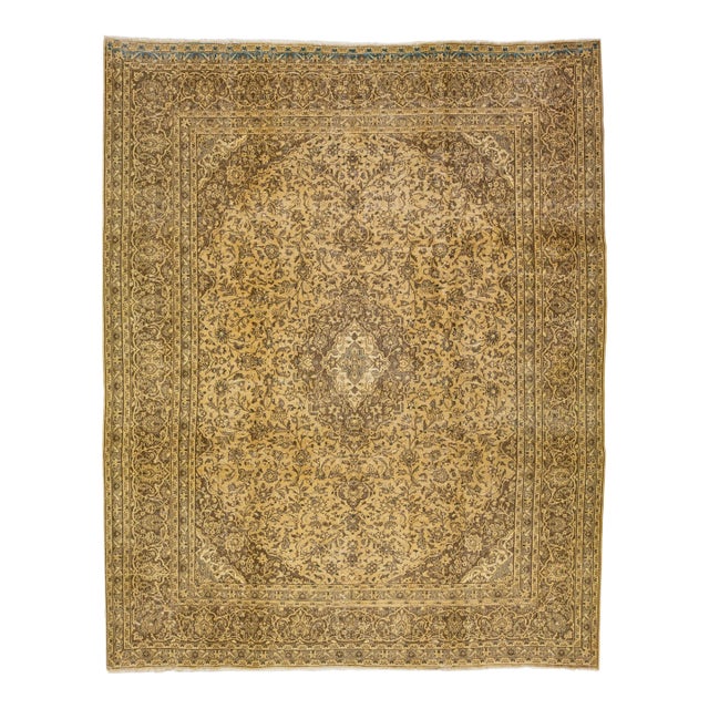 1960s Vintage Persian Tabriz Handmade Medallion Ivory Wool Rug 10 X 12 For Sale