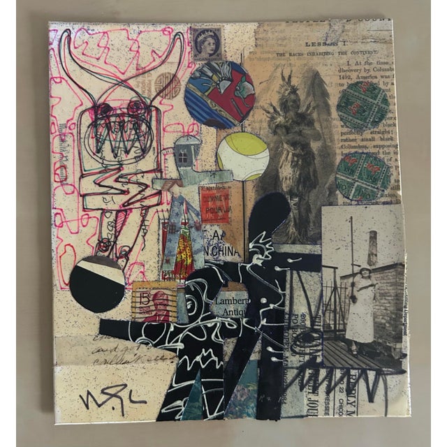 Original Wayne Cunningham abstract collage, unframed. Drawings and collage on both sides. Signed on the front to the lower...