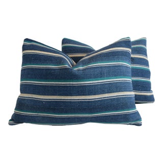 Blue, Green & White Nautical Coastal Beachy Stripe Textile Pillows- a Pair For Sale