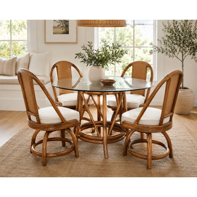 Organic Modern Rattan Dining Set With Four Swivel Chairs and Glass Top Table For Sale - Image 14 of 14
