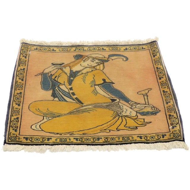 Folk Art Vintage Persian Khamseh Pictorial Rug With Dervish Scene - 01'08 X 01'05 For Sale - Image 3 of 7