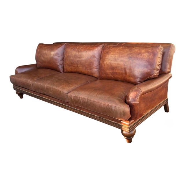 1970s English Traditional Light Brown Leather Sofa With Nail Head Trim & Carved 6-Leg Base For Sale - Image 13 of 16