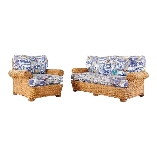 Wicker Rattan Settee and Armchair Chinoiserie Blue and White Upholstery For Sale